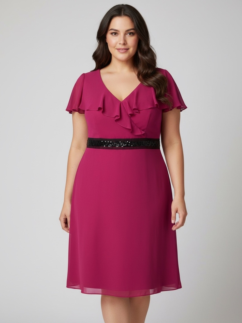 Plus Size Magenta Ruffle V-Neck Dress with Sequin Waist Size 18W